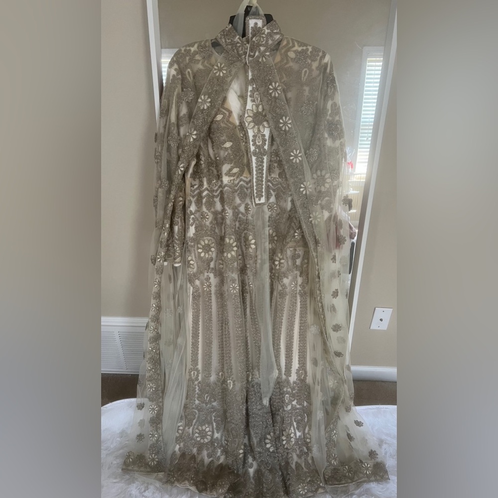 Embroidered Ivory and Gold Sheer Overlay Dress